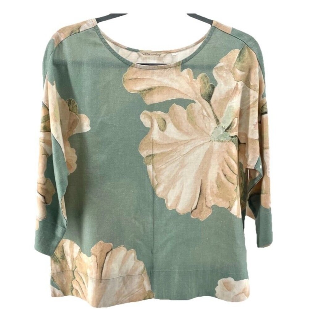 Soft Surroundings Linen Floral Top Relaxed Boho Blouse Coastal Cottagecore